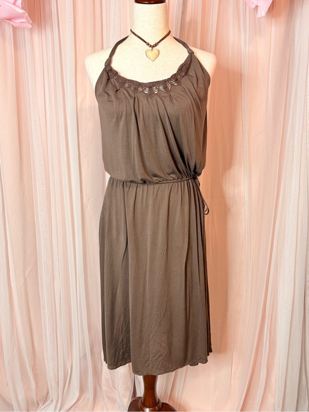 BCBG Max Azria Silk Modal Brown Crochet Halter Midi Dress M Y2K Boho
